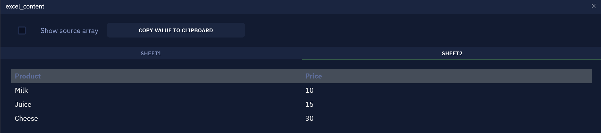 The saved data from the table. Use table headers option was chosen