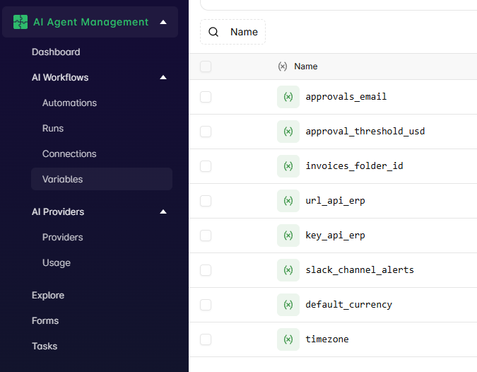 Variables page in AI Workflows