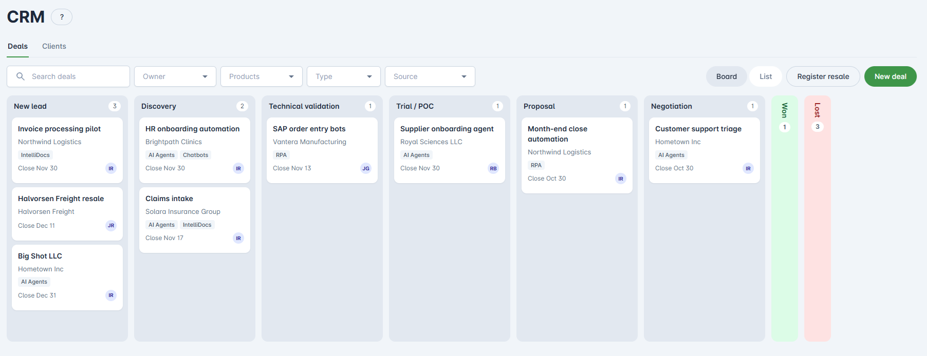 CRM Deals board