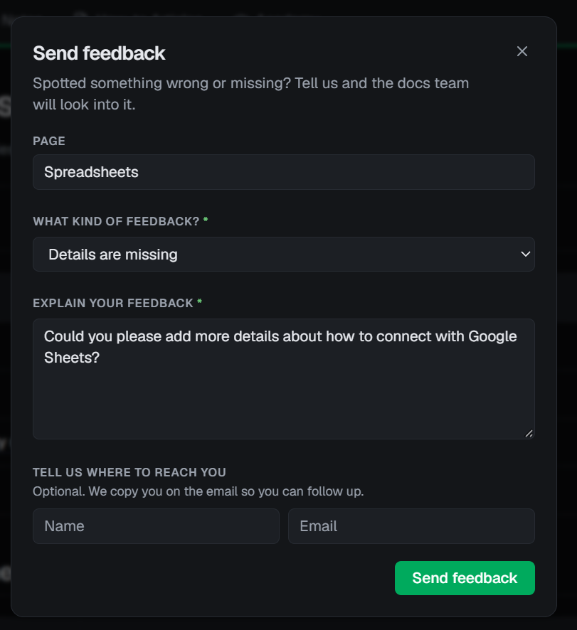 Send feedback dialog
